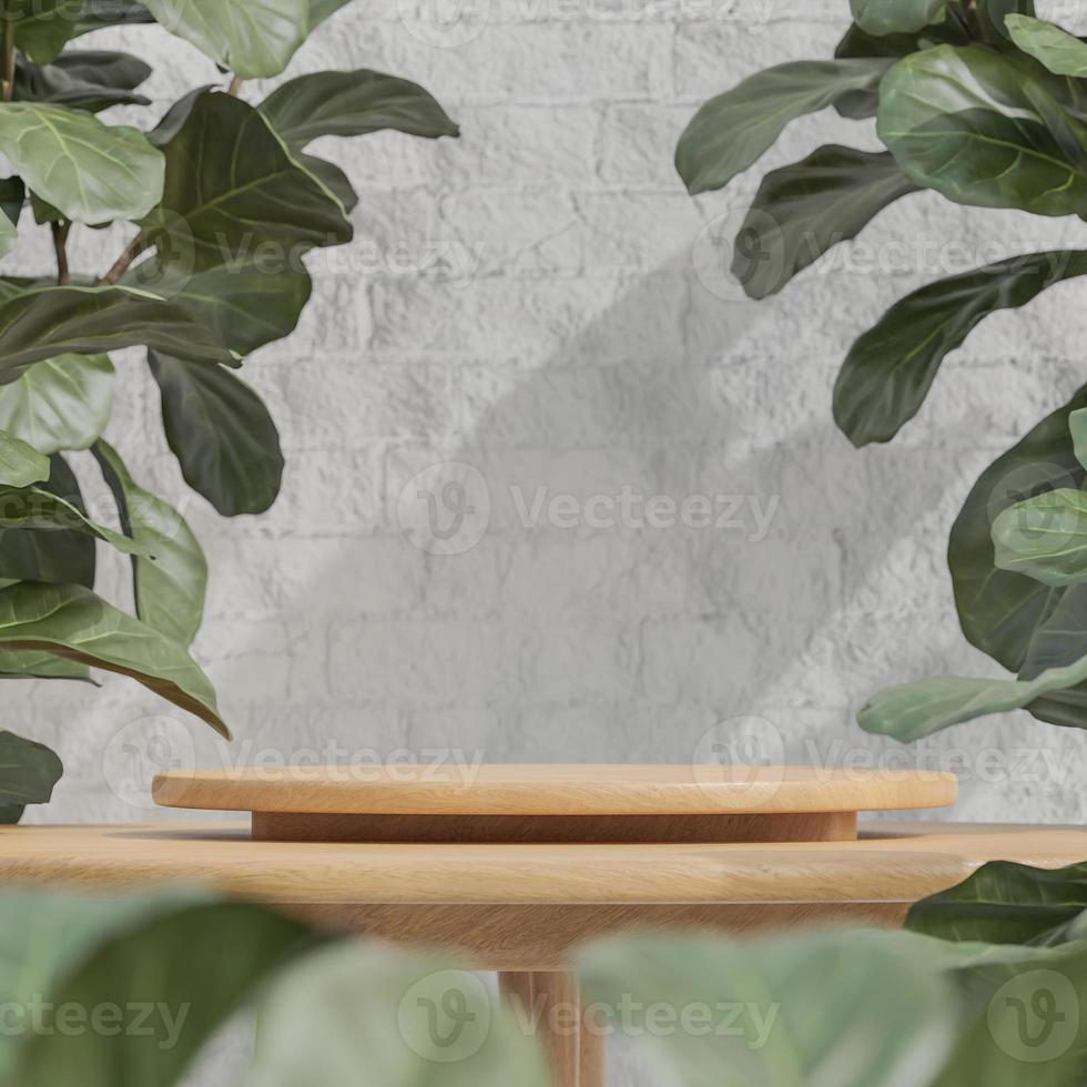 podio da tavolo in legno per la presentazione del prodotto con pianta su sfondo bianco muro di mattoni in stile minimalista.,Modello 3d e illustrazione. foto