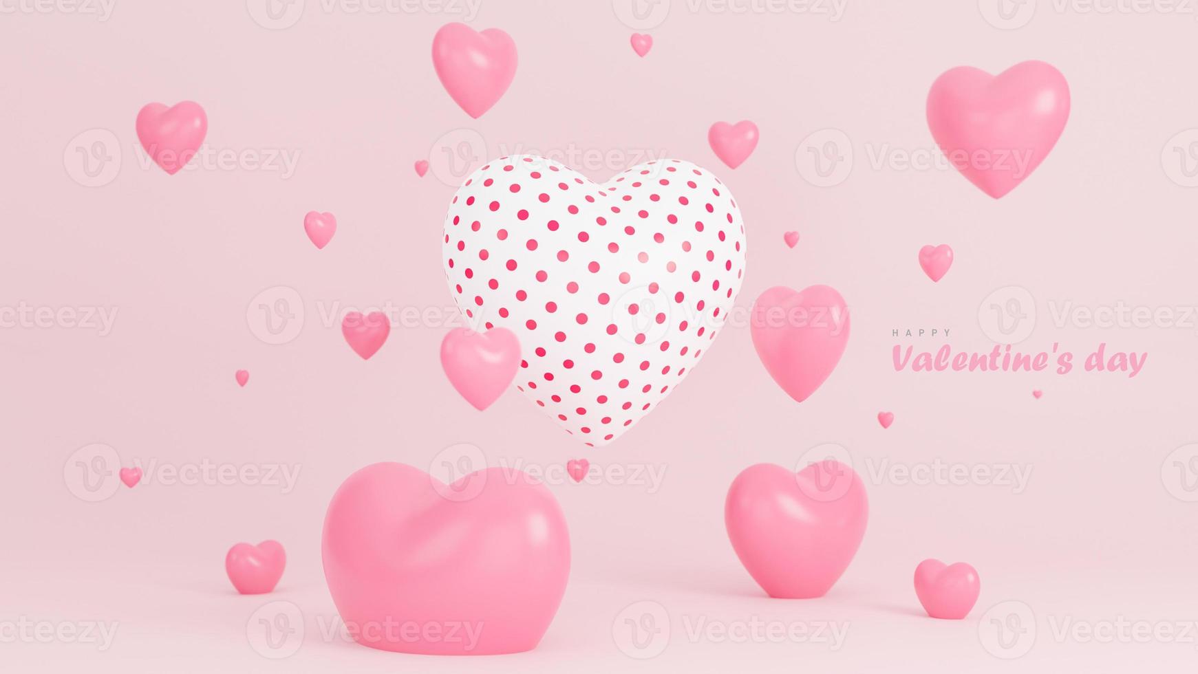 felice banner di san valentino con molti cuori oggetti 3d su sfondo rosa., modello 3d e illustrazione. foto