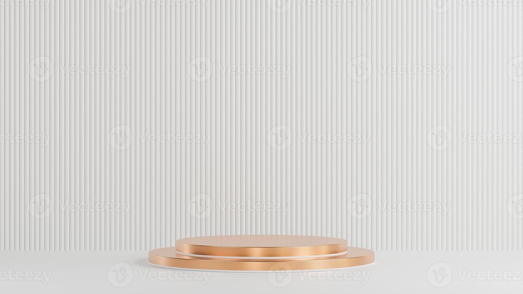 podio del cerchio dorato per la presentazione del prodotto su sfondo bianco della parete dell'assicella in stile minimal.,Modello 3d e illustrazione. foto