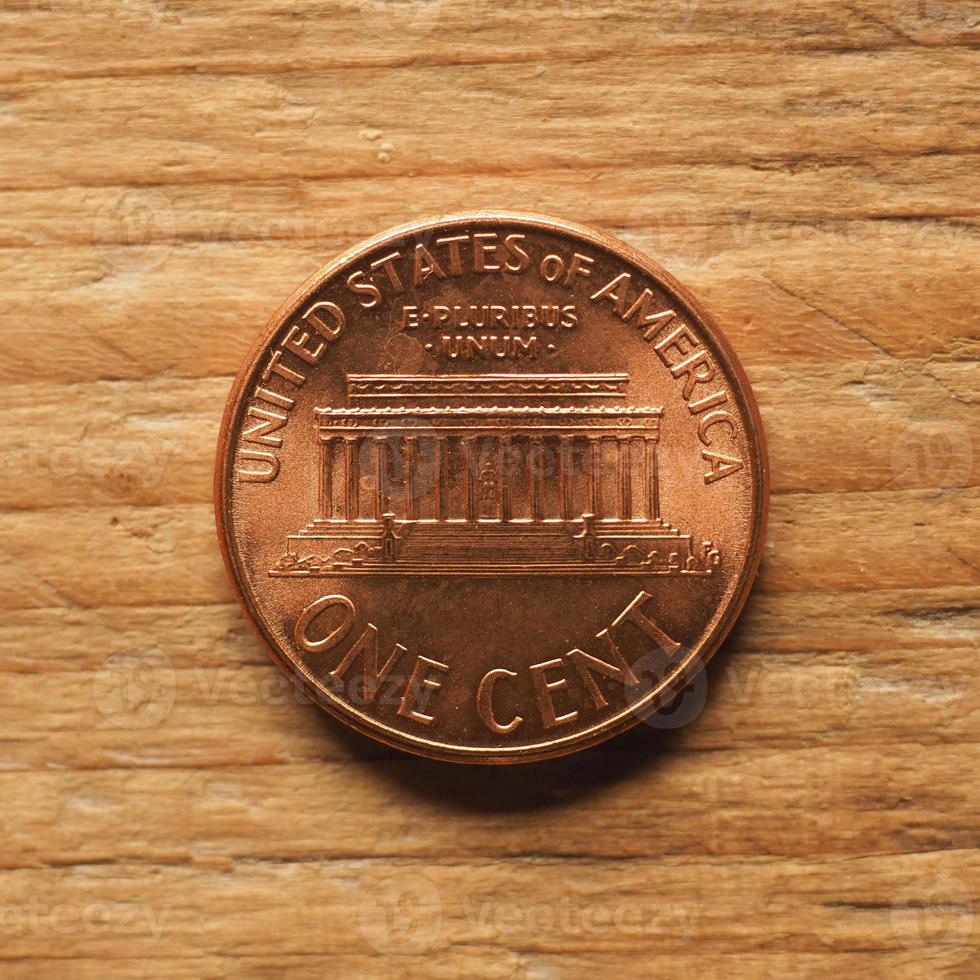 Moneta da 1 centesimo, retro con memoriale di Lincoln, valuta di foto