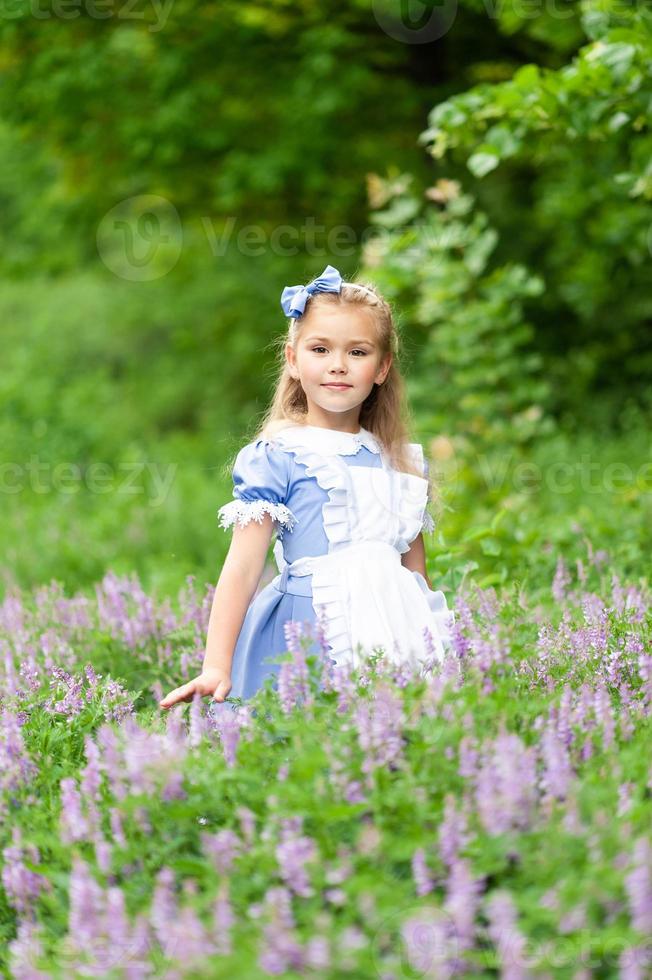 ritratto di una bambina carina vestita da alice. servizio fotografico stilizzato in natura. foto