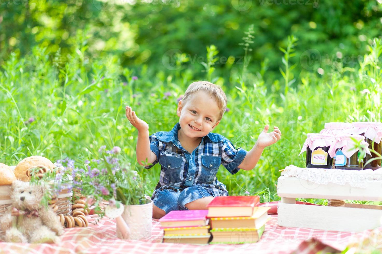 il ragazzino carino si siede su un plaid e allarga le braccia in diverse direzioni. il concetto di vacanze in famiglia nella natura. foto