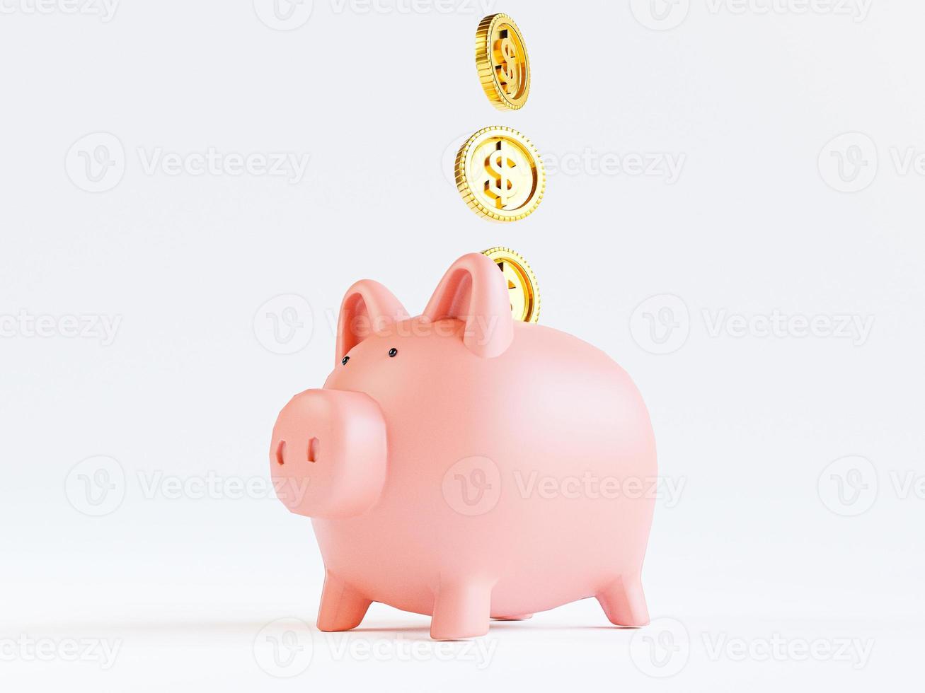 monete d'oro che mettono in rosa porcellino rosa risparmiano denaro su sfondo bianco per il deposito e il concetto di crescita del risparmio finanziario mediante rendering 3d. foto
