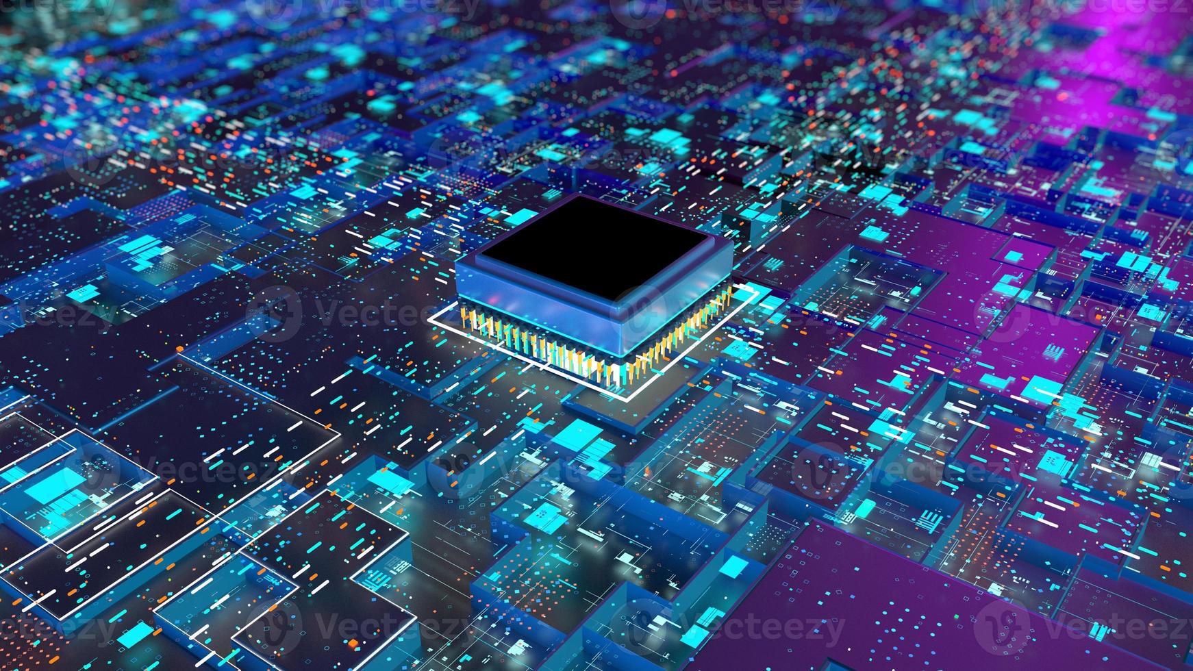 circuito stampato con una cpu di processori per computer centrale, un chip della scheda madre digitale funzionante con migliaia di connessioni illuminate e uno sfondo viola e blu. illustrazione 3d foto