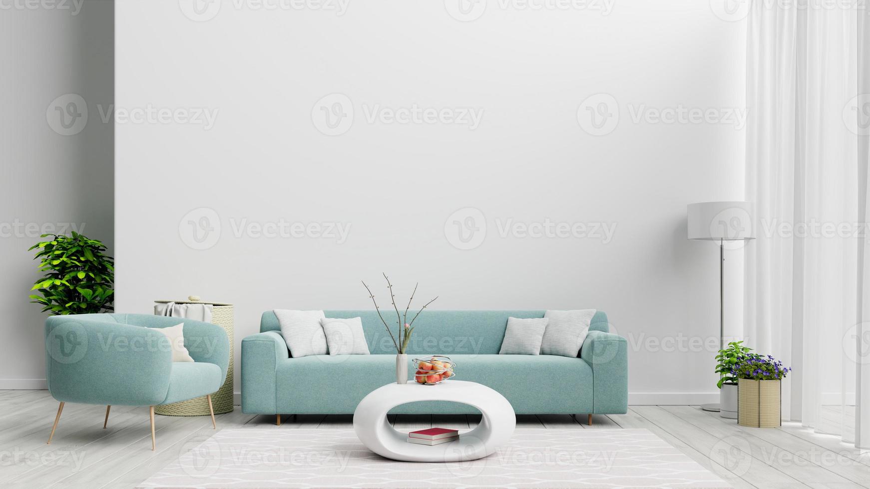l'interno del soggiorno moderno luminoso e accogliente ha un divano e una lampada con sfondo bianco. foto