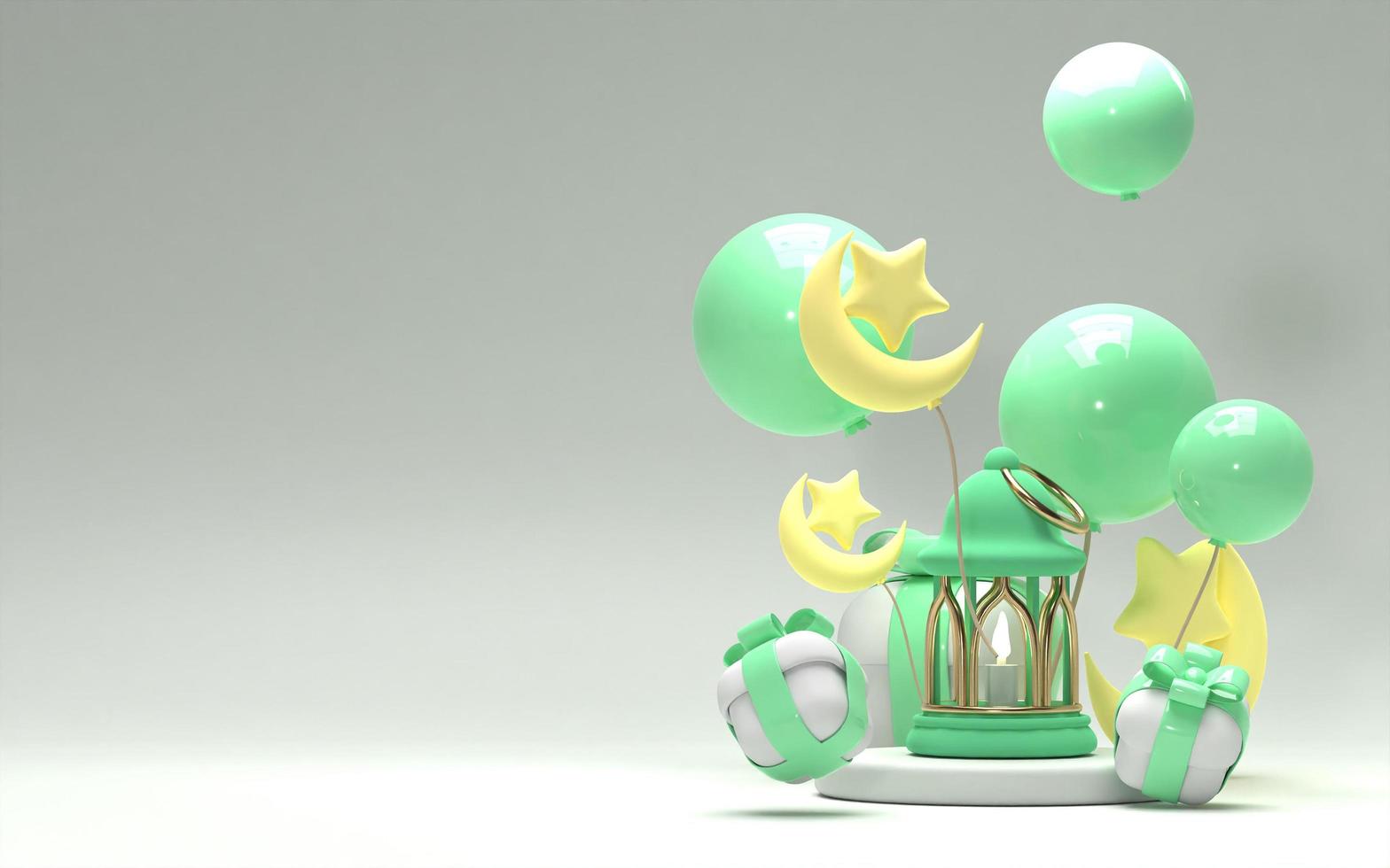 ramadan kareem 3d sfondo isolato con lanterna verde carino e palloncino sul podio foto