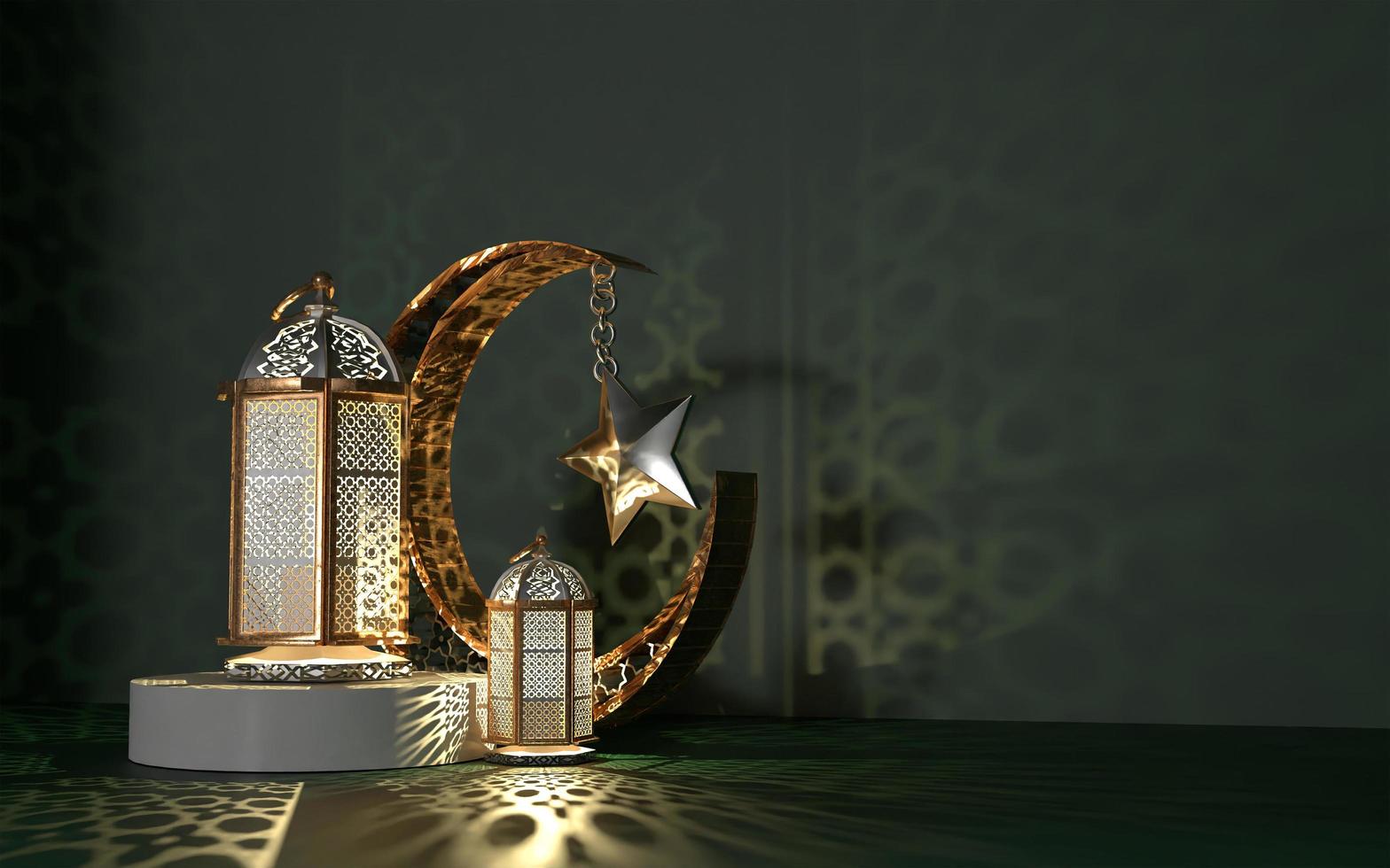 ramadan kareem 3d isolato con sfondo scuro senso notturno luna crescente e set di lanterne foto