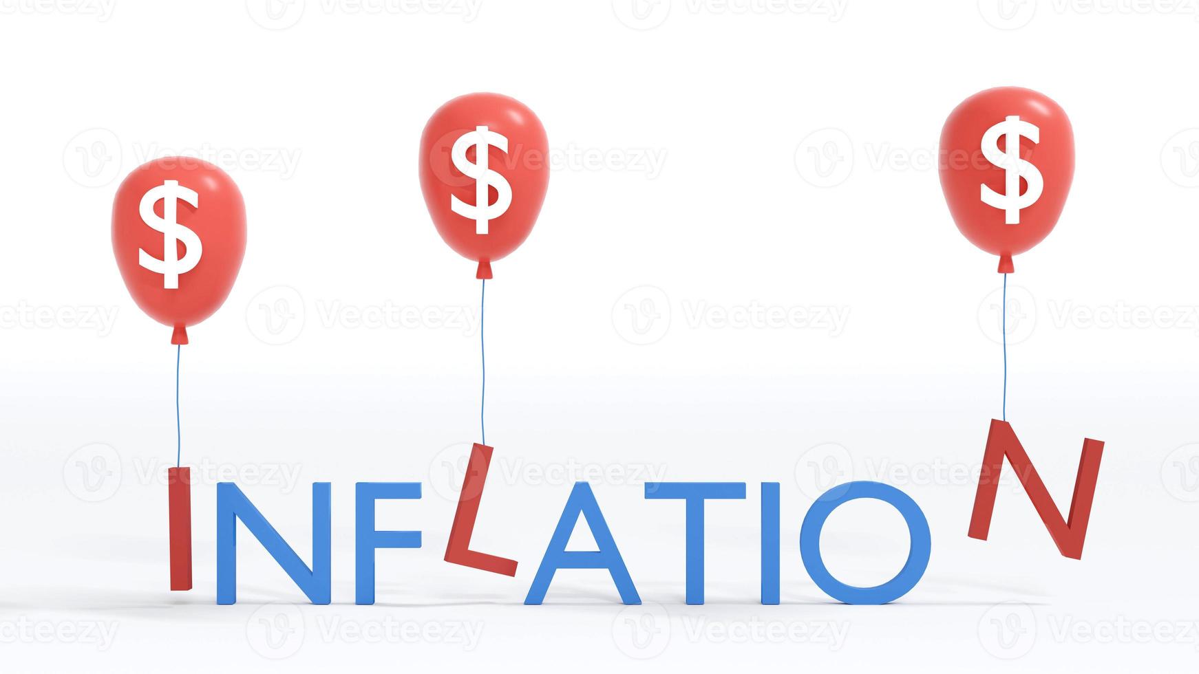 Concetto di rendering 3d di inflazione finanziaria. inflazione del testo con palloncini rossi che portano i, l, n in onda sullo sfondo. rendering 3d. illustrazione 3d. foto