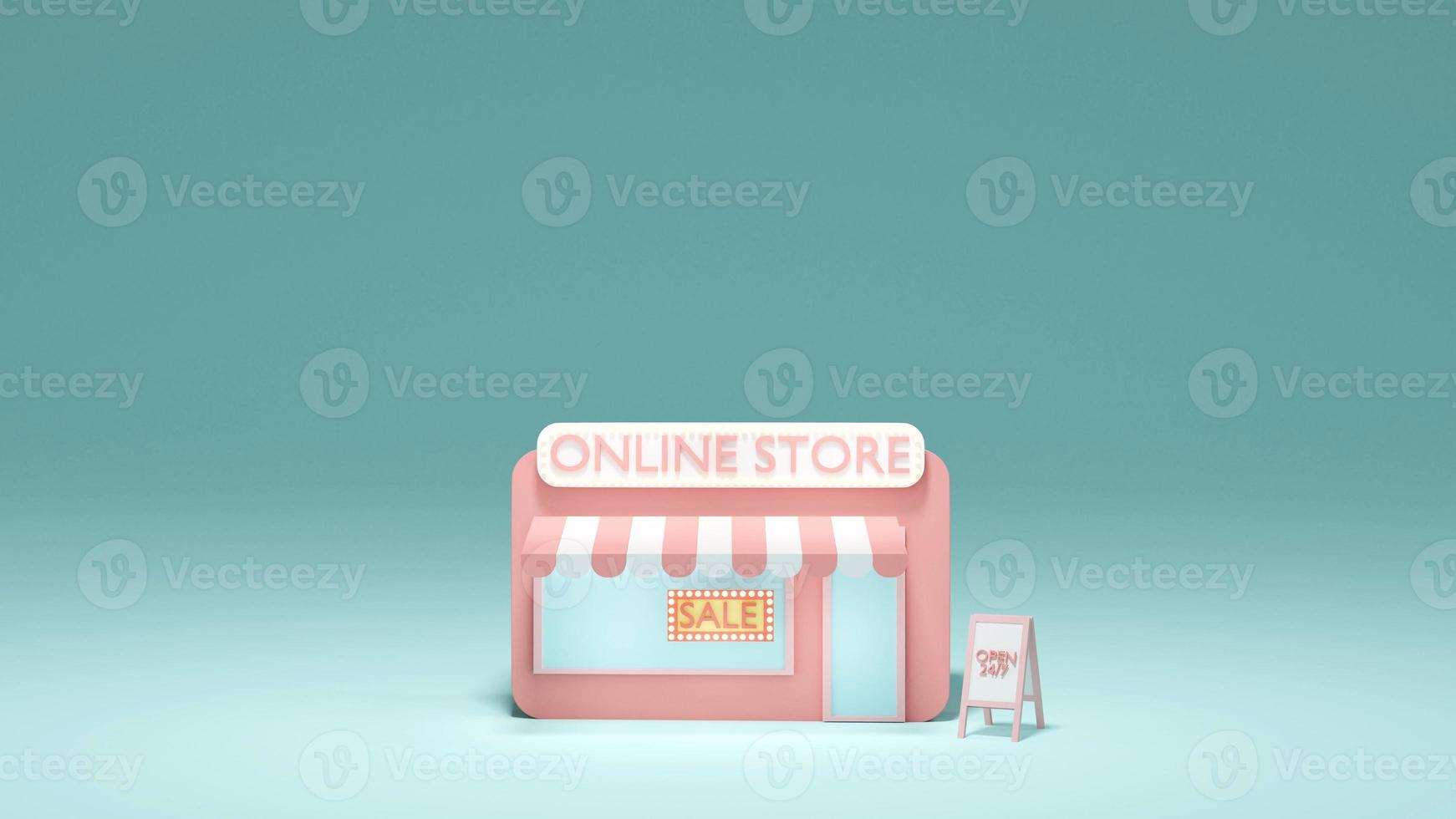 d concetto di rendering di shopping online. vista frontale del negozio online con segno di vendita con spazio per testo sullo sfondo. rendering 3d. illustrazione 3d. foto