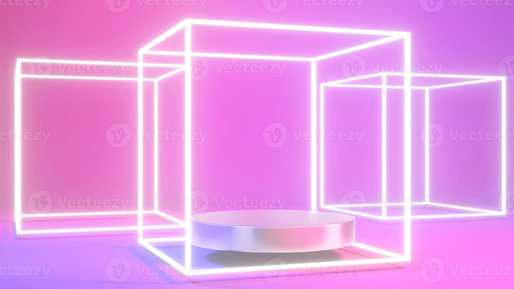 Rendering 3d del piedistallo su sfondo colorato con luce al neon viola e rosa, cornice quadrata, cilindro, concetto minimale astratto, design pulito, mock up minimalista. rendering 3d. foto