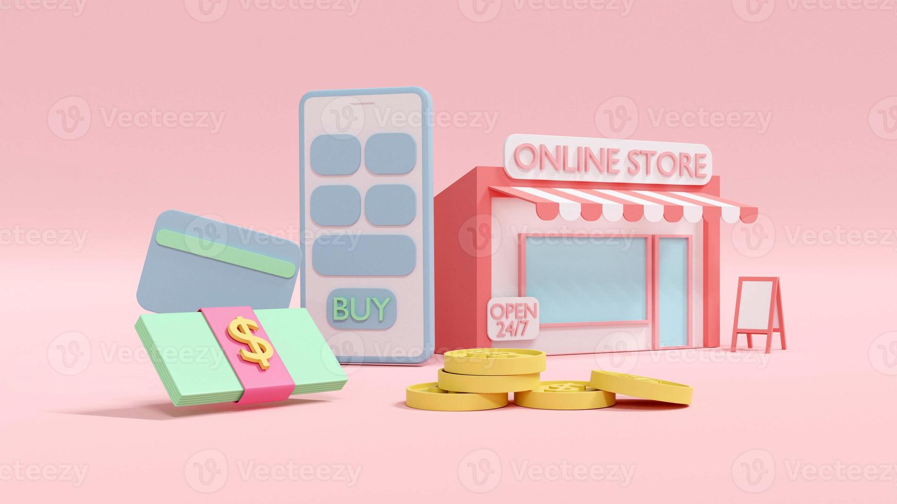 Concetto di rendering 3d di shopping online. negozio online, uno smartphone, un pacchetto di banconote da un dollaro, carta di credito, monete sullo sfondo. rendering 3d. illustrazione 3d. foto
