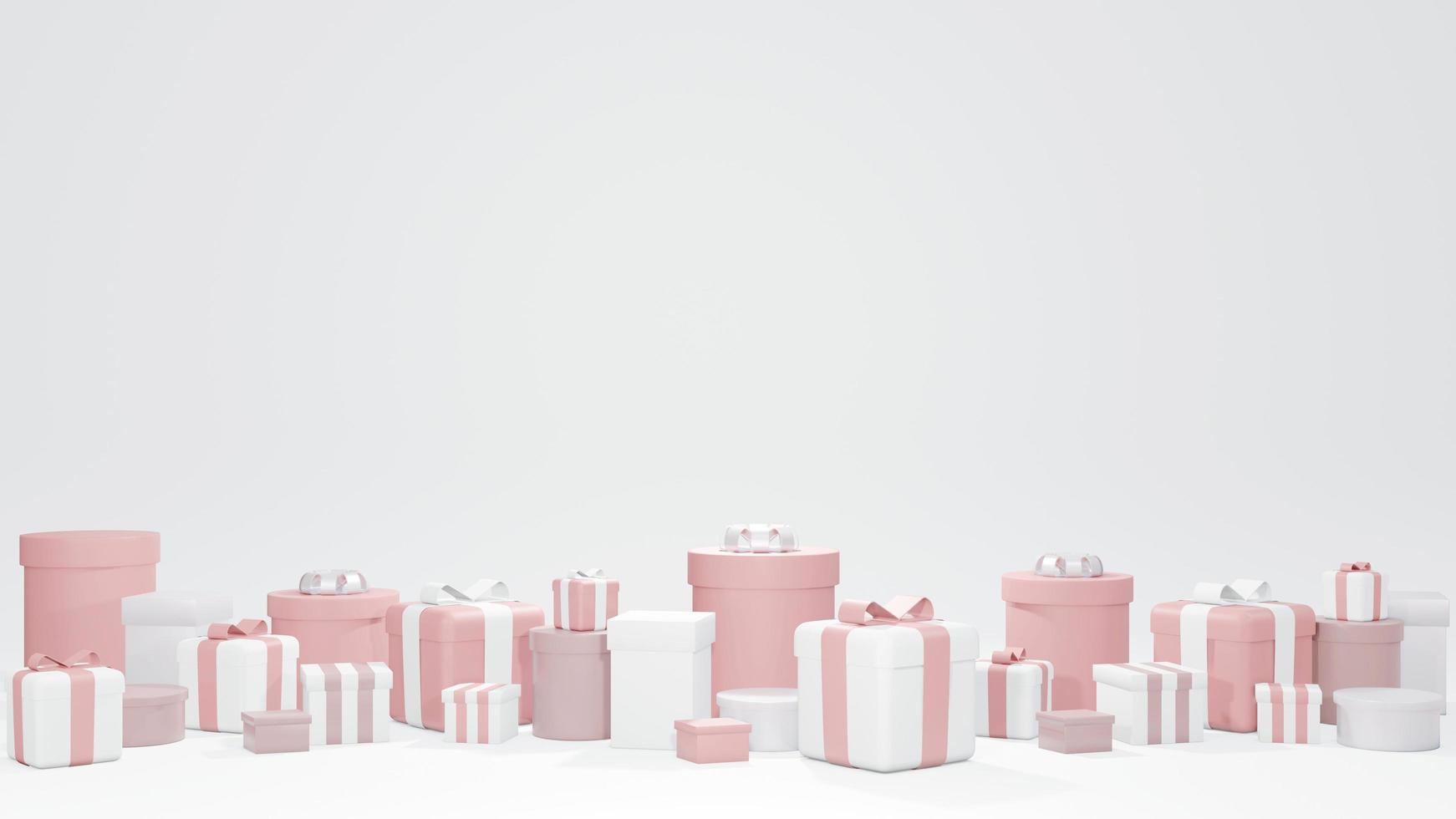 Concetto di rendering 3d di set di scatole regalo avvolte in tema rosa su sfondo bianco per il design commerciale. scatole regalo incartate. rendering 3d. foto