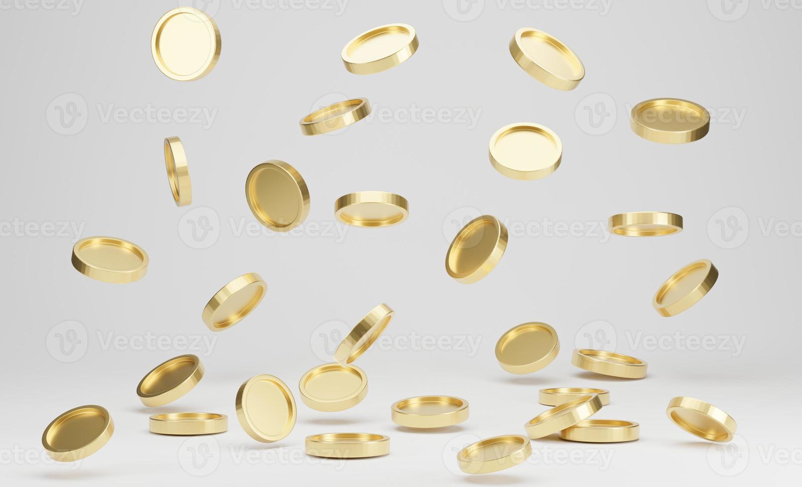 monete d'oro che cadono o volano su sfondo bianco. concetto di jackpot o casino poke. rendering 3D. foto