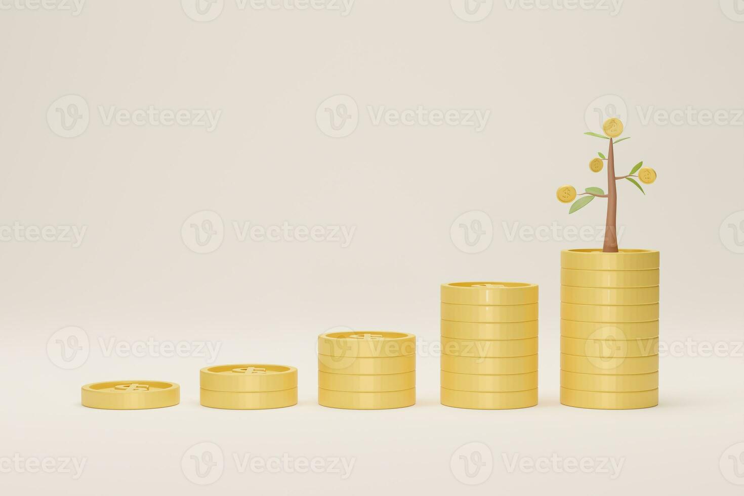 crescita della pila di monete con albero su sfondo bianco. concetto di risparmio crescente. illustrazione 3d. foto