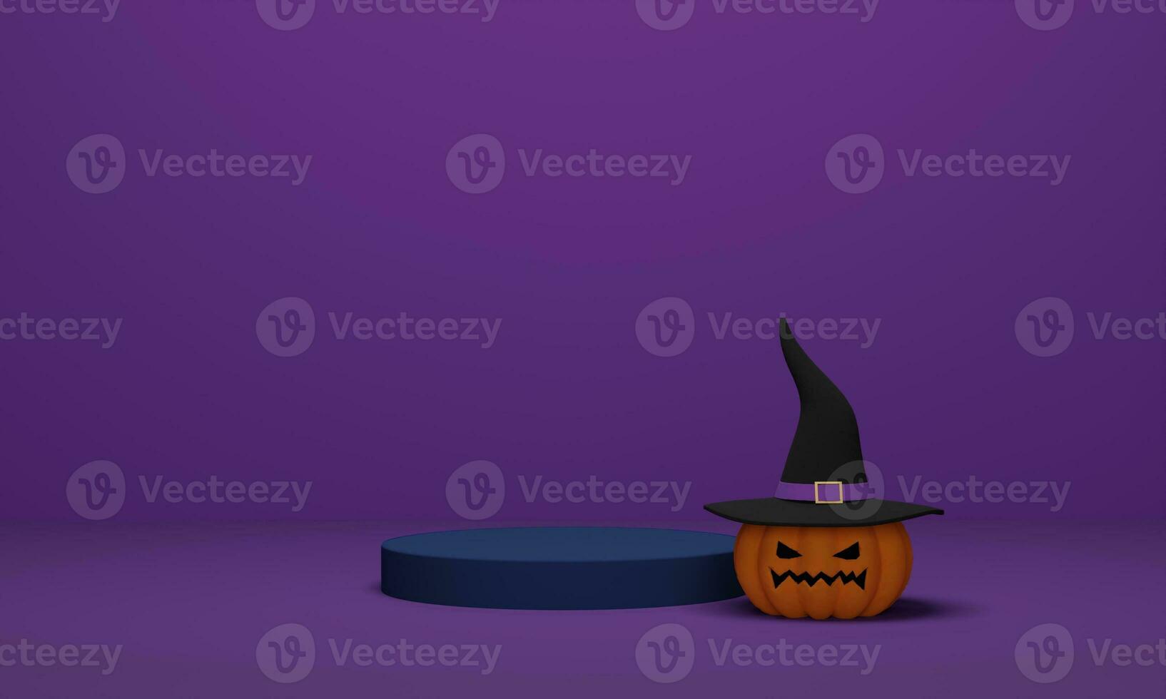 rendering 3D. zucca di Halloween che indossa un cappello da strega con podio su sfondo viola. scena minima astratta per lo sfondo di halloween foto