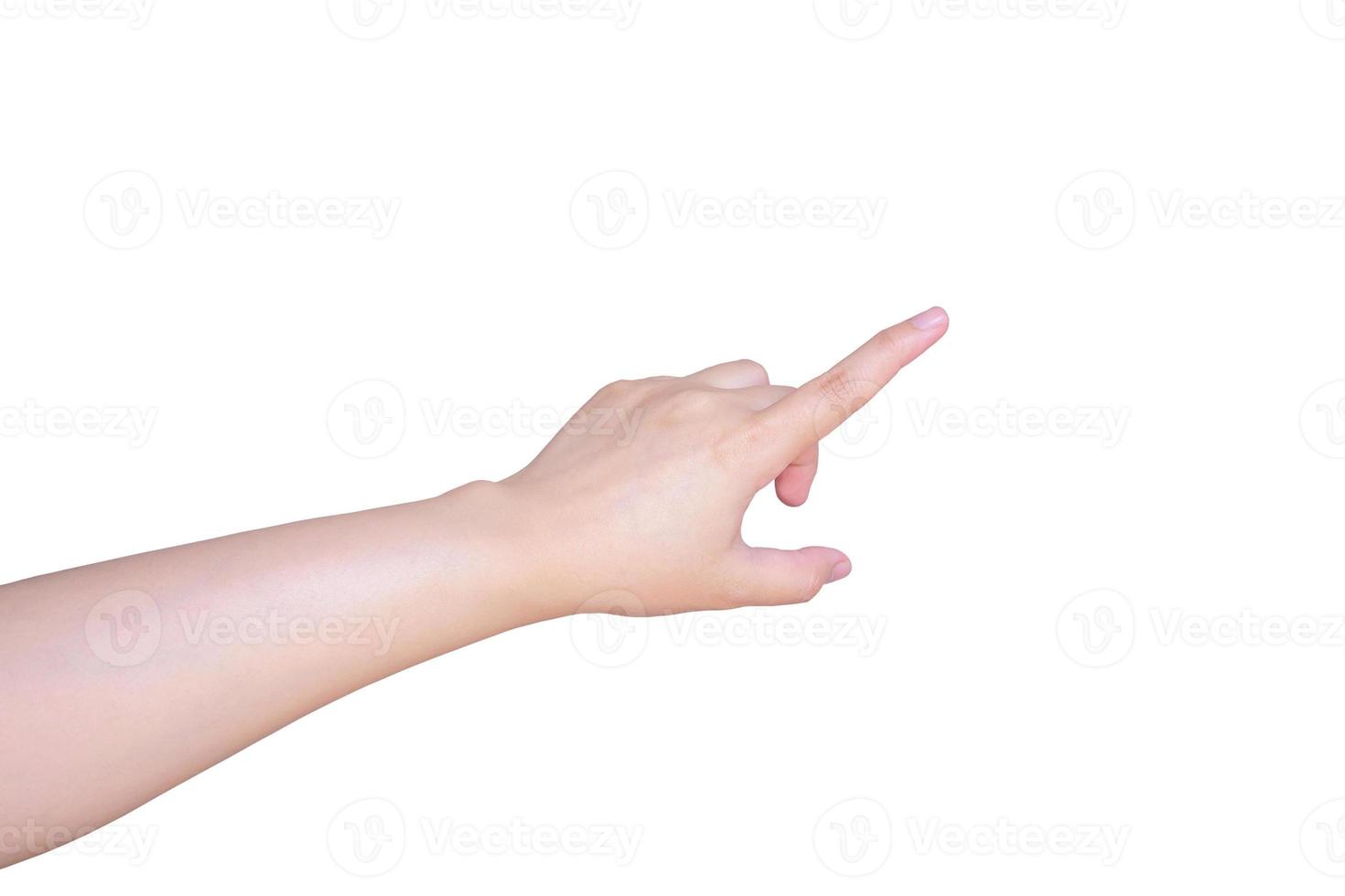 mano femminile che tocca o indica qualcosa di isolato su bianco foto