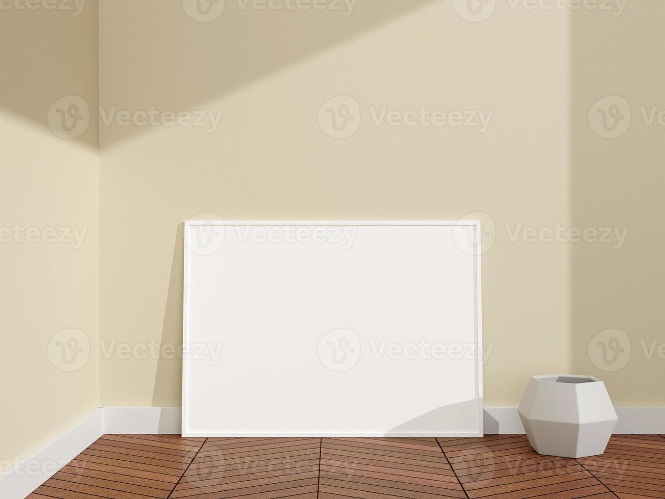 poster bianco orizzontale minimalista e pulito o mockup di cornice per foto in una stanza con pavimento in legno. rendering 3D.