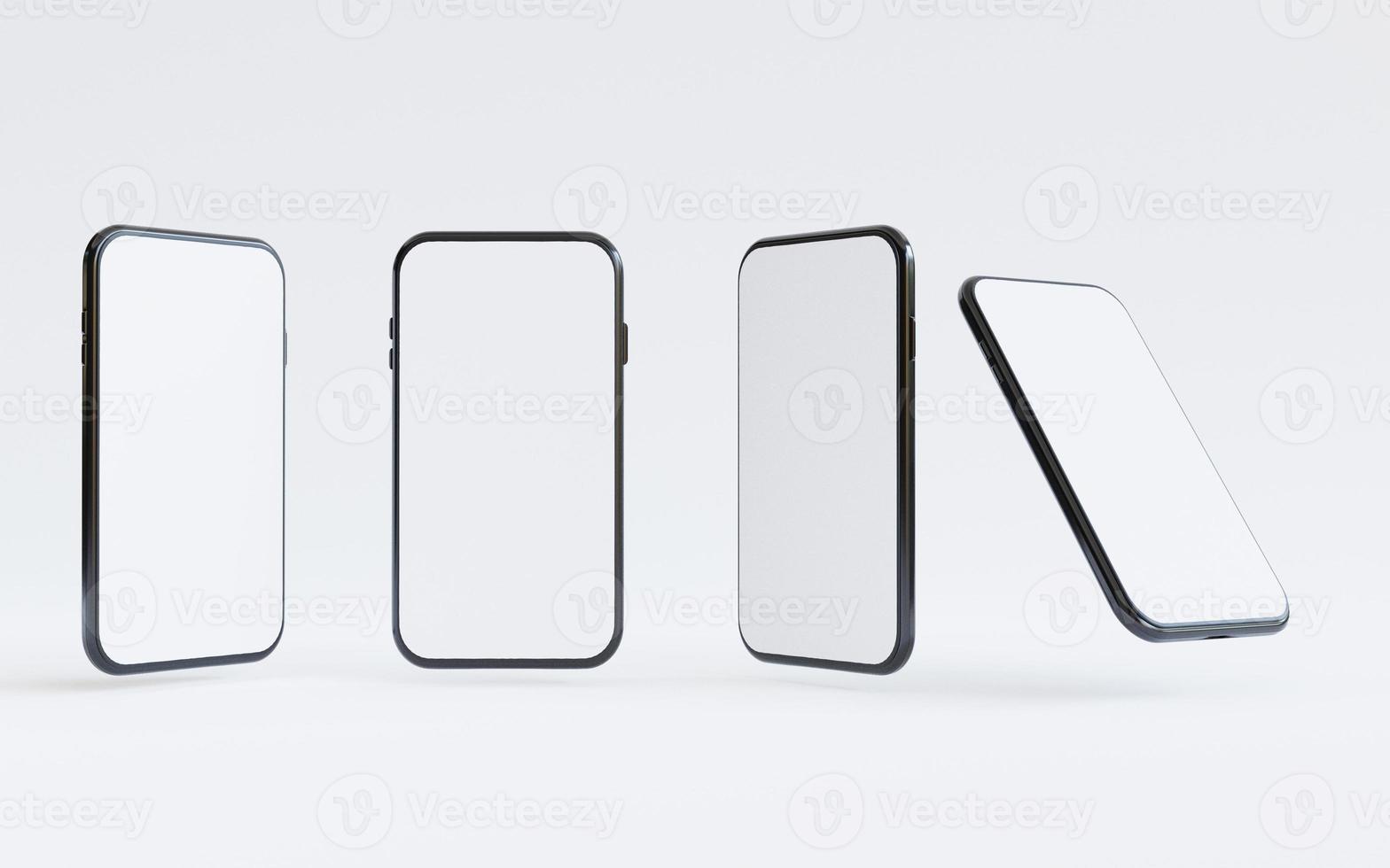 mockup di smartphone, isolato su tre angoli di telefono cellulare con modello di cornice dello schermo vuoto su sfondo bianco con rendering 3d. foto