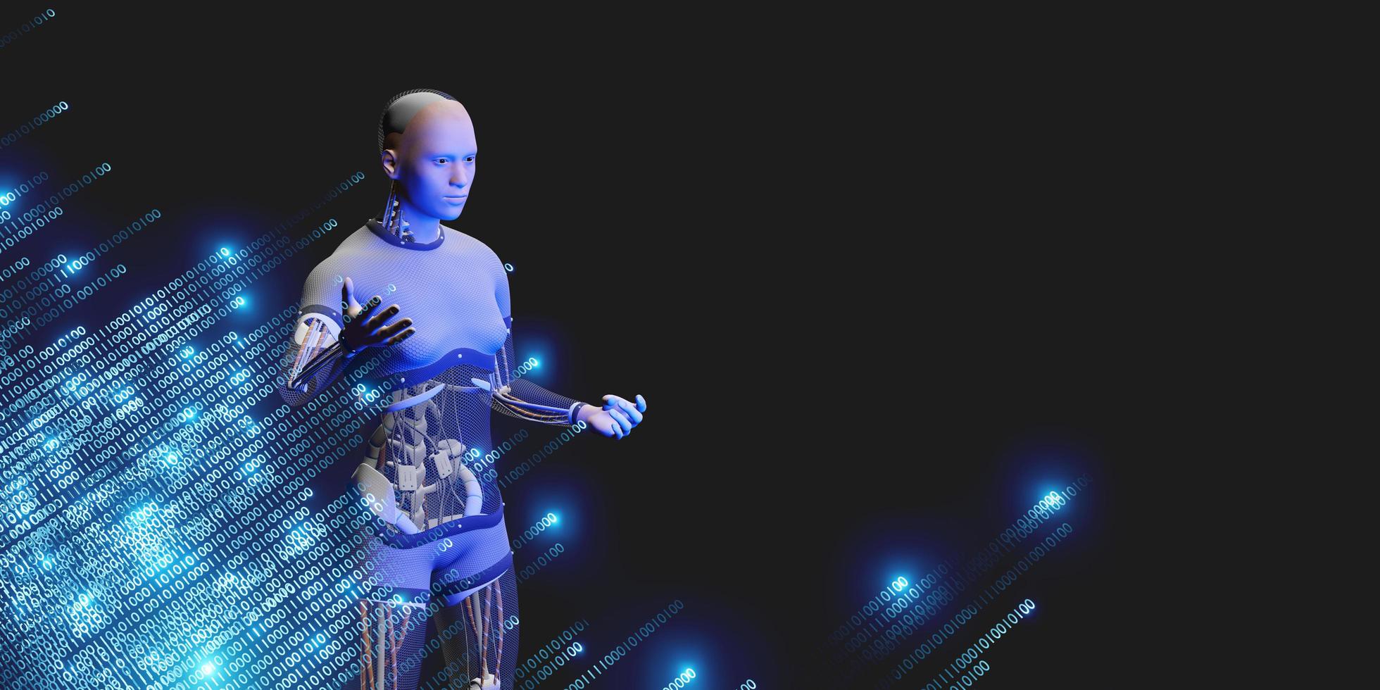 robot umanoidi e codice binario ai big data analysis e concetti di intelligenza artificiale illustrazioni 3d foto
