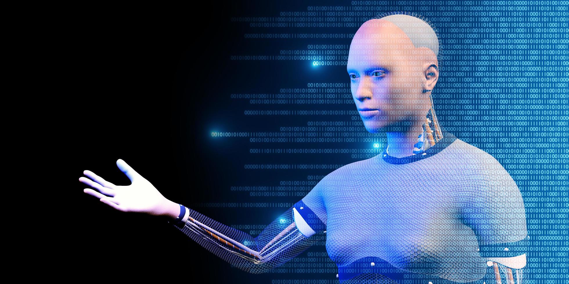 robot umanoidi e codice binario ai big data analysis e concetti di intelligenza artificiale illustrazioni 3d foto