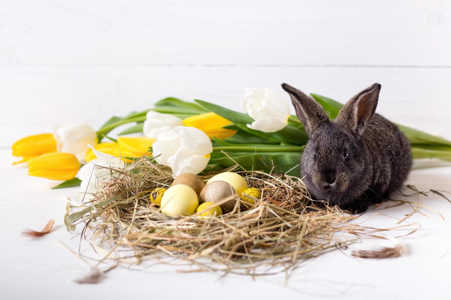 coniglietto pasquale con uova di pasqua con tulipani e un nido di fieno. composizione positiva di primavera e Pasqua. foto