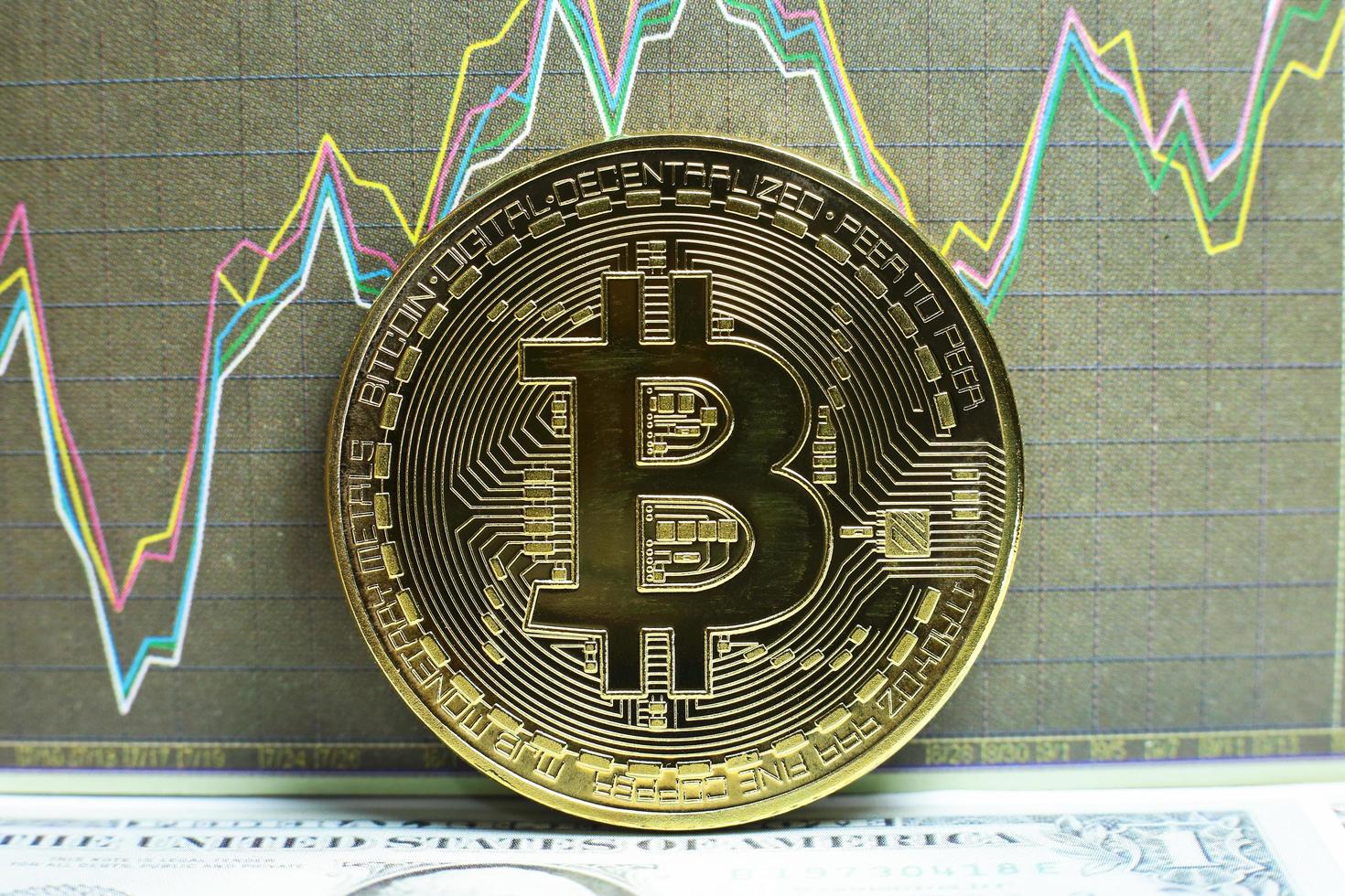 un bitcoin dorato con sfondo grafico e dollaro. concetto di trading di criptovaluta foto