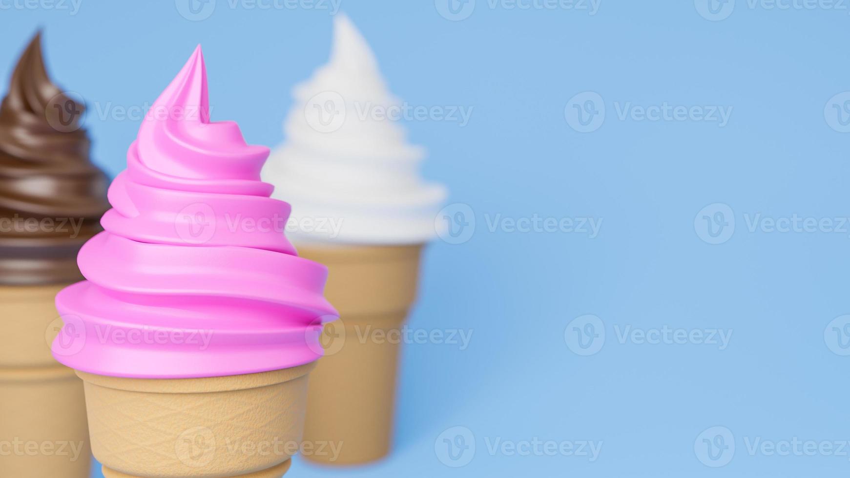 primo piano gelato soft ai gusti di fragola, vaniglia e cioccolato su cono croccante su sfondo blu.,Modello 3d e illustrazione. foto