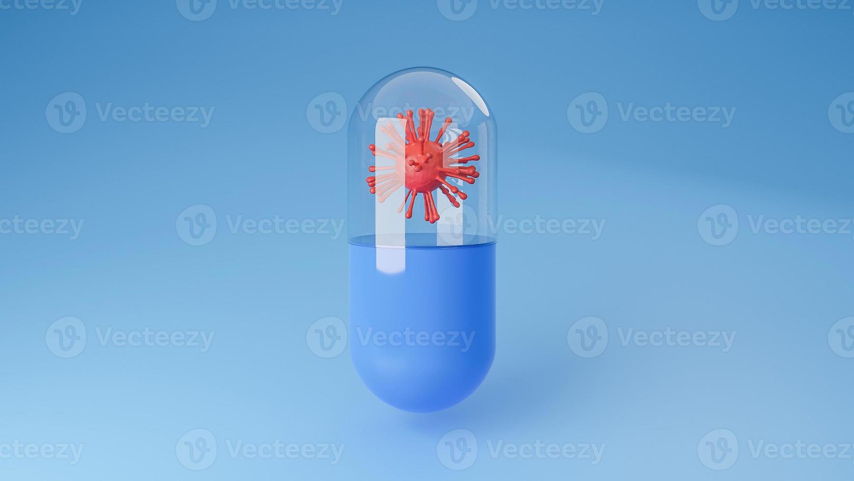 coronavirus rosso o covid-19 in capsula di pillola su sfondo blu.,inibizione di focolai di malattie e tecnologia medica.,Modello 3d e illustrazione. foto