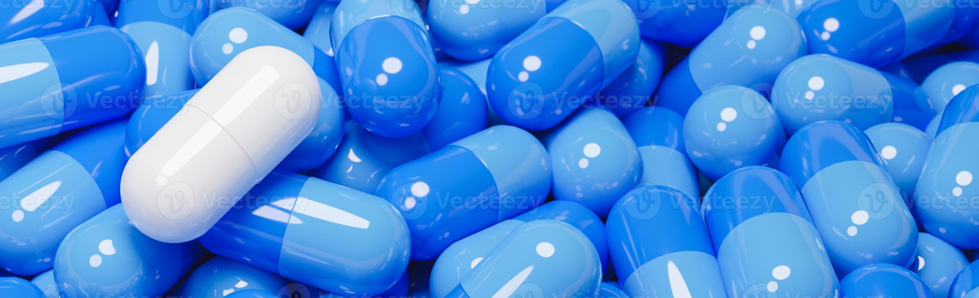 primo piano della capsula della pillola bianca in molte capsule blu delle pillole. concetto di medicina e specialità farmaceutiche.,Modello 3d e illustrazione. foto