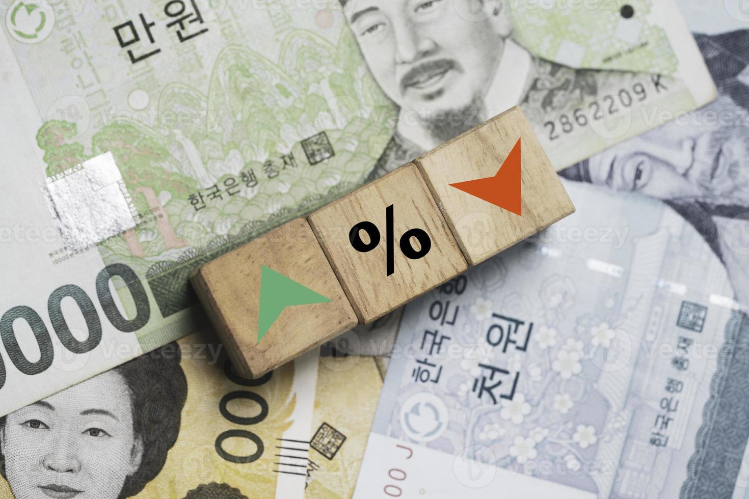 schermo di stampa percentuale crescente e decrescente su blocco cubo di legno su banconota vinta della Corea del Sud per il concetto di tasso di cambio valuta. foto