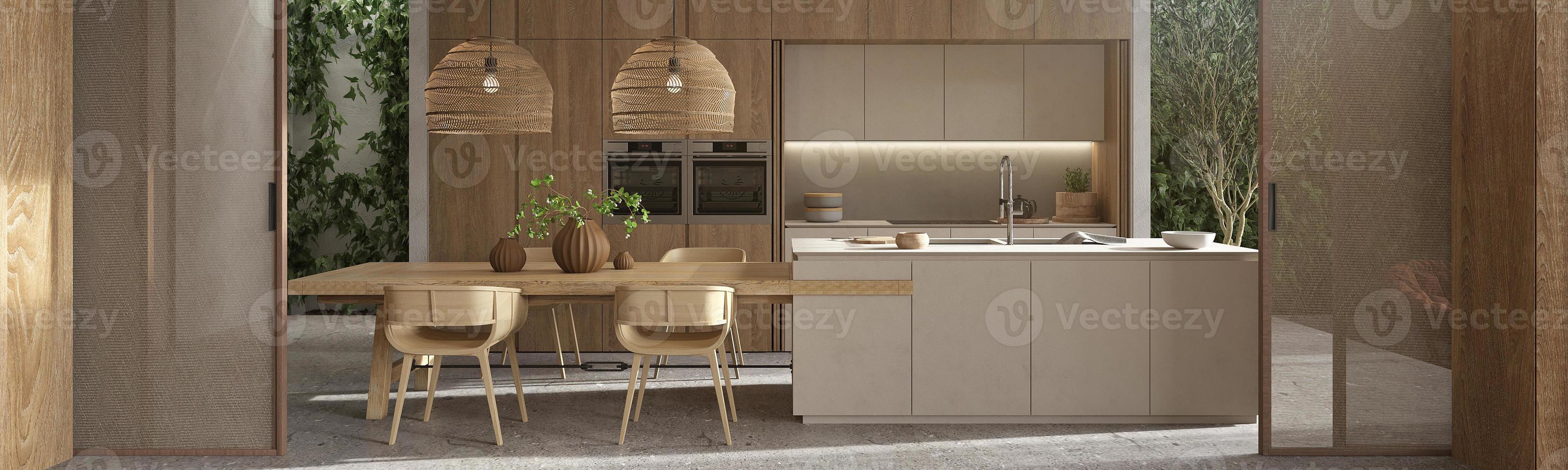 Interni Moderni Boho Design Scandinavo Cucina E Sala Da Pranzo. banner web. illustrazione di rendering 3d con mobili in legno, piante da parete verdi. foto