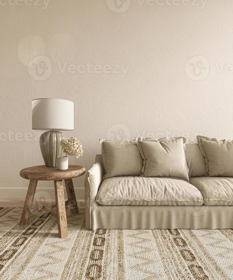 soggiorno di design d'interni scandinavo boho. mock up muro vuoto beige con mobili naturali. illustrazione di rendering 3d colore beige caldo. foto