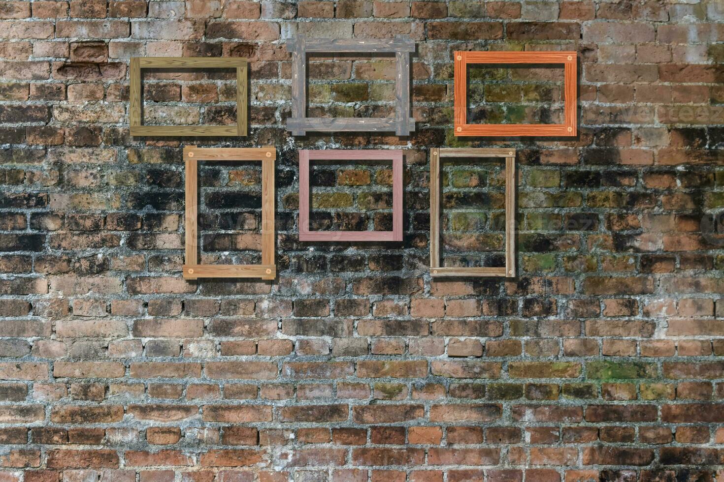 cornici per foto vintage su muro di mattoni per interni o sfondo.