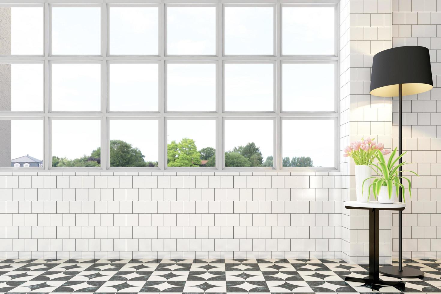 stanza vuota con finestre bianche e pareti di piastrelle bianche, lampada da terra nera, tavolino laterale e vaso di fiori. rendering 3D foto