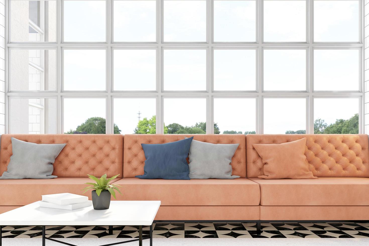soggiorno con divano in pelle arancione di lusso e tavolino bianco, finestre bianche e vetro trasparente. rendering 3D foto