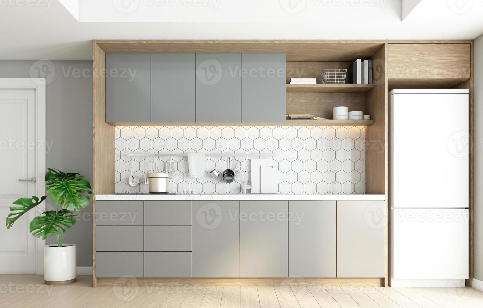 cucina in stile minimalista con bancone integrato e mobile grigio. rendering 3D foto