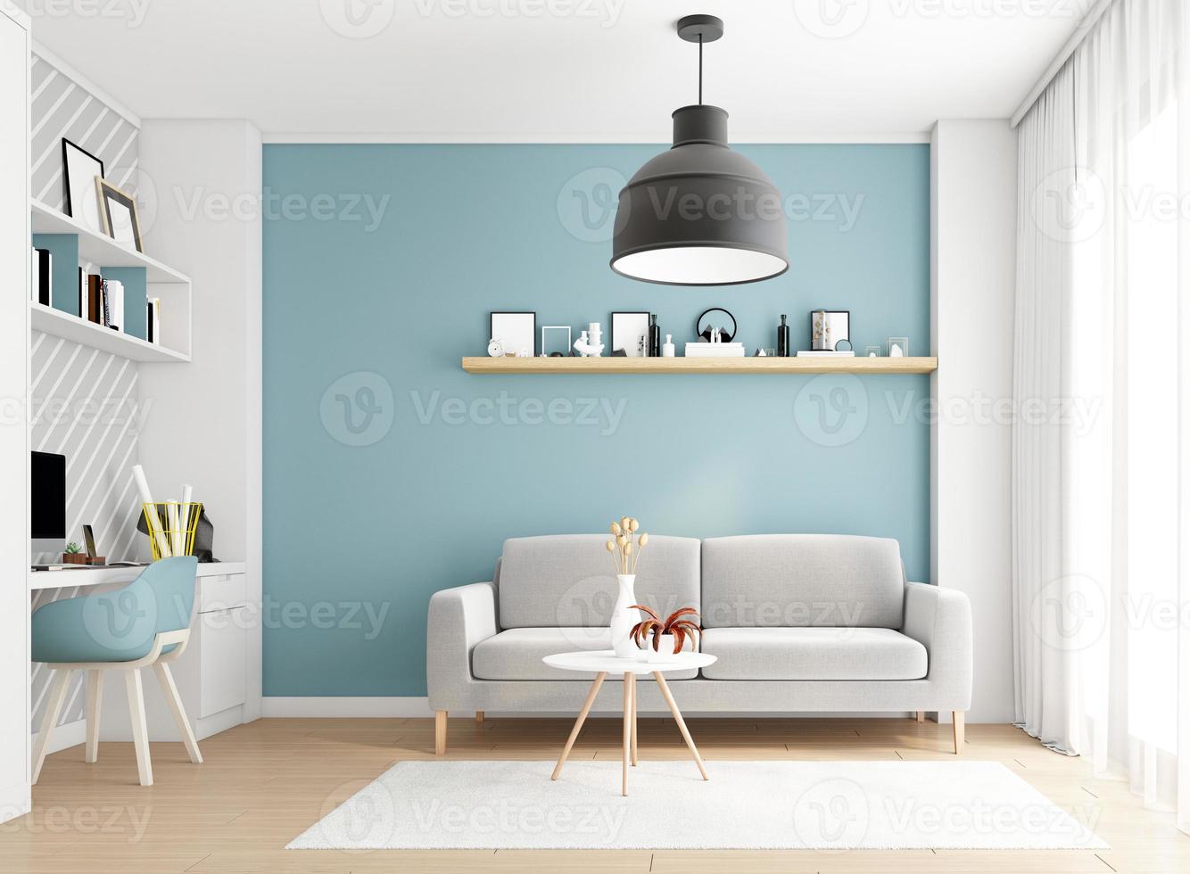 accogliente soggiorno minimalista con divano e scrivania. lampada a sospensione nera parete azzurra e pavimento in legno. rendering 3D foto