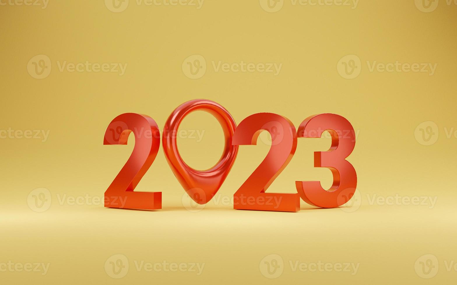 rosso 2023 con icona della posizione su sfondo giallo per la preparazione del felice anno nuovo e l'impostazione del concetto di destinazione dell'obiettivo obiettivo mediante rendering 3d. foto