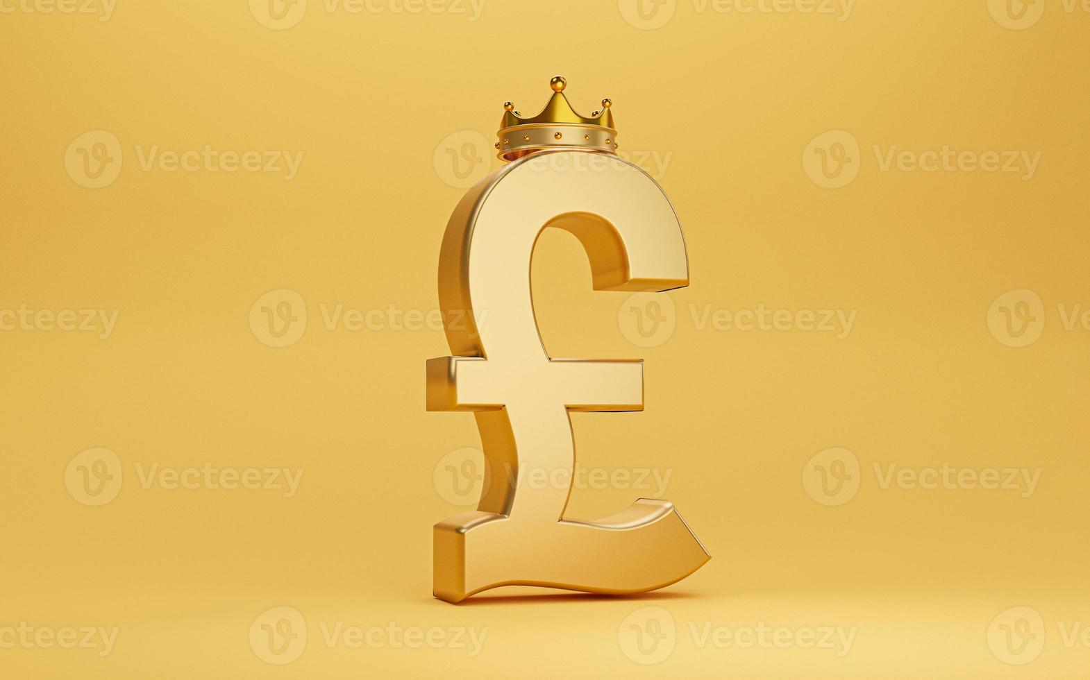 segno della sterlina d'oro con corona d'oro su sfondo giallo per il cambio valuta e il concetto di trasferimento di denaro mediante rendering 3d. foto