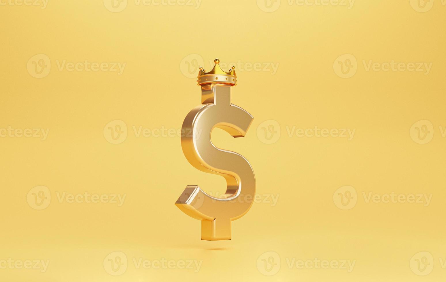 segno dorato del dollaro statunitense o usd con corona d'oro su sfondo giallo per usd è il re o il principale cambio di valuta nel mondo dal concetto di stati uniti d'america dal rendering 3d. foto