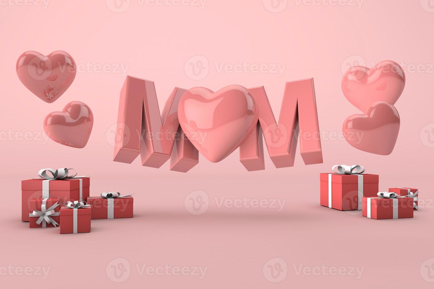 testo mamma rosa. concetto di festa della mamma su sfondo pastello con scatole regalo rosse e cuori. rendering 3d foto