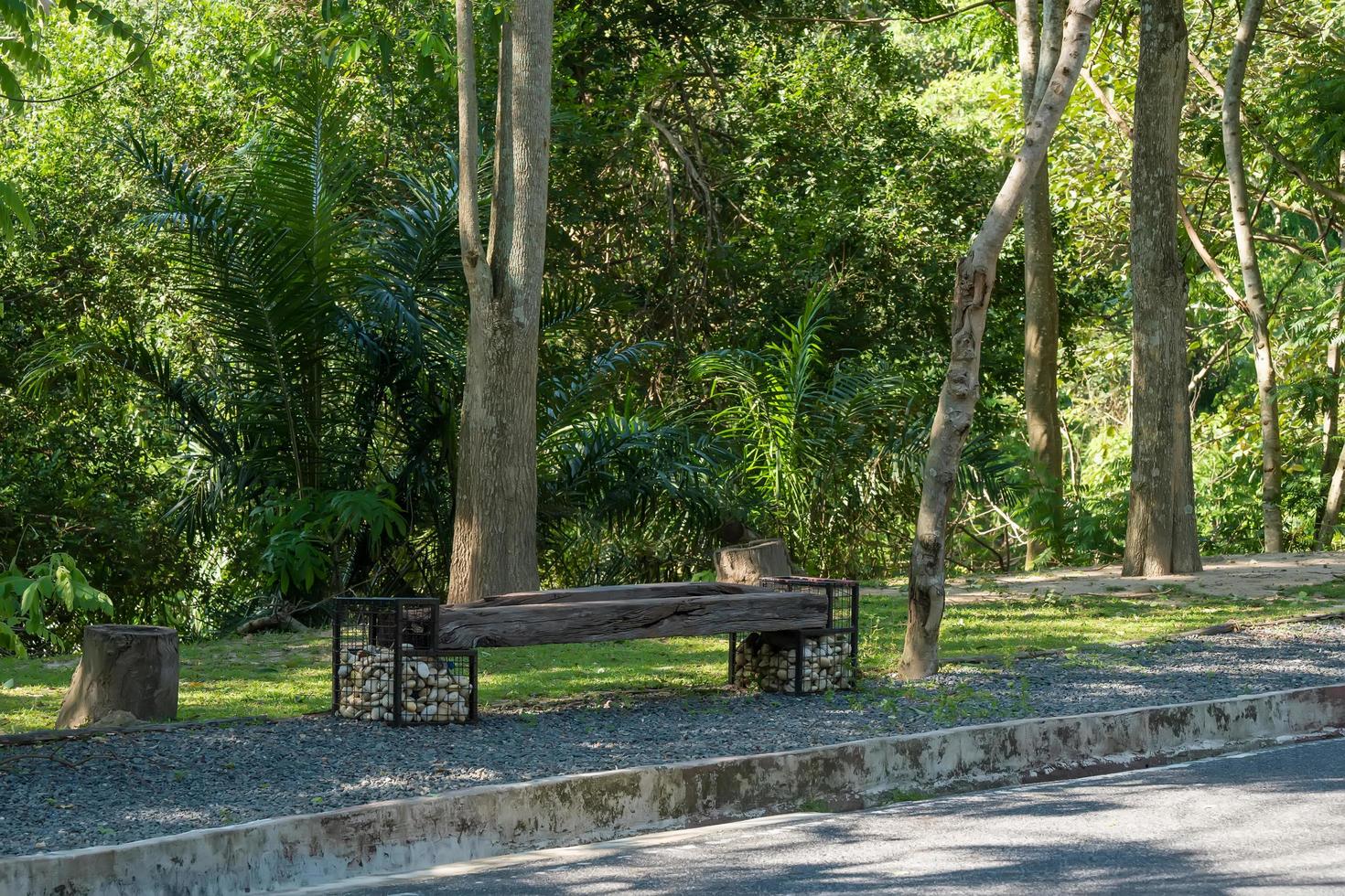 panca semplice realizzata in legno e base in pietra e rete metallica in giardino foto