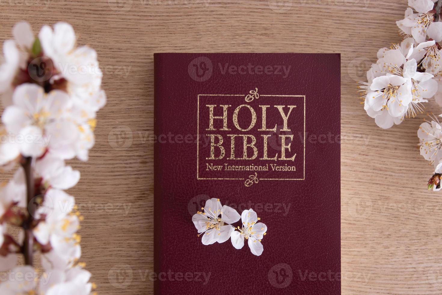 Sacra Bibbia sulla vista da tavolo con ramo primaverile in fiore foto