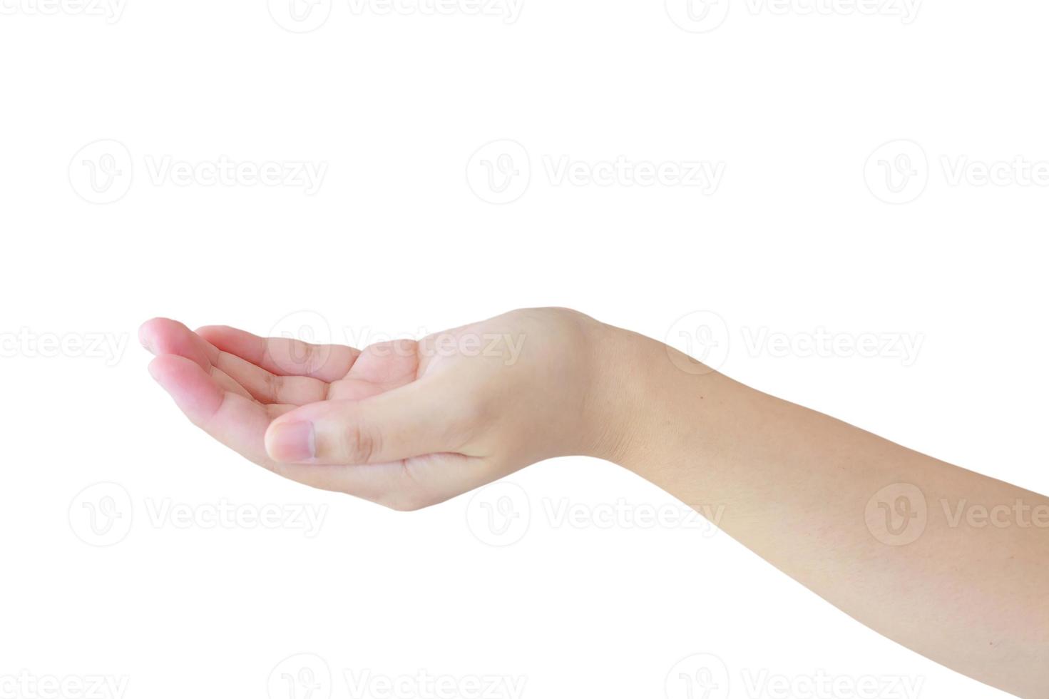 aprire la mano di una donna, palmo in su isolato su sfondo bianco foto