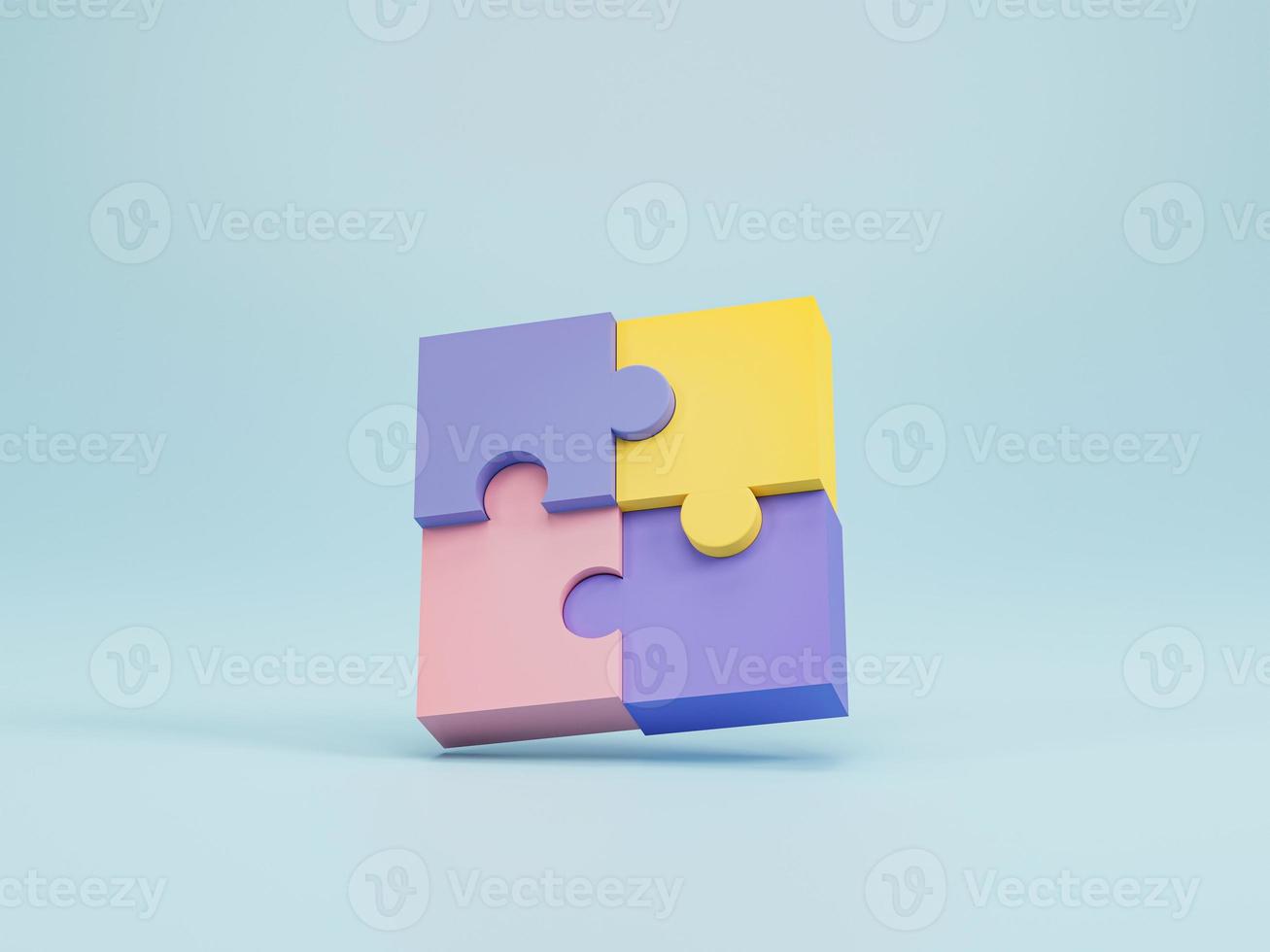 rendering 3d, illustrazione 3d. pezzi di puzzle su sfondo azzurro. icona dei pezzi del puzzle. concetto di risoluzione dei problemi. foto