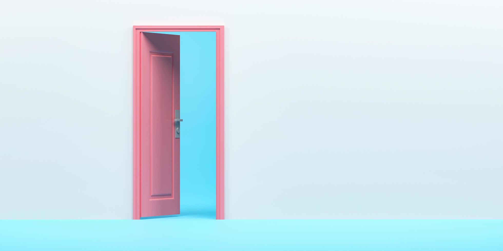 rendering 3d, illustrazione 3d. porta rosa ingresso aperto nella stanza di sfondo blu. idea interna minima creativa. foto