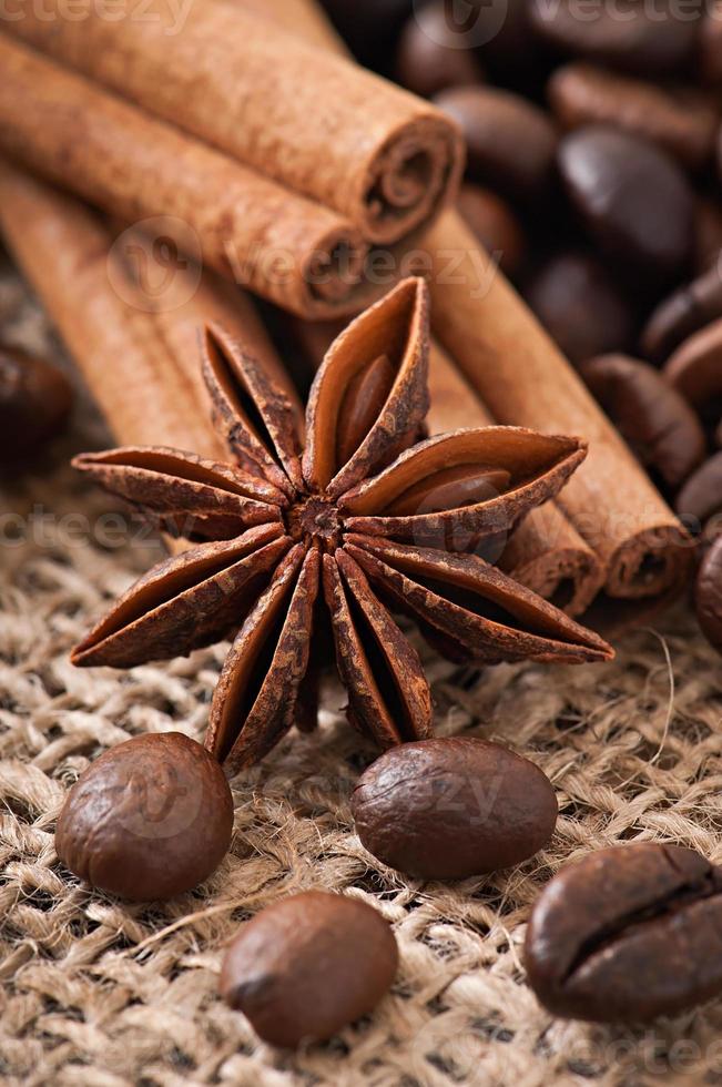 anice, cannella e chicchi di caffè su fondo di legno vecchio foto