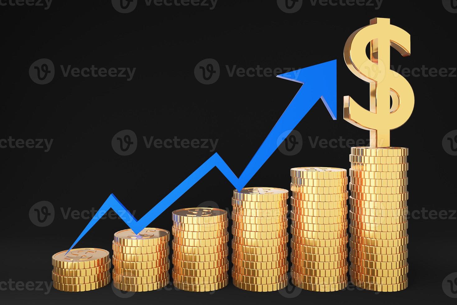 pila di monete d'oro e grafico finanziario su sfondo nero., risparmio di denaro e concetto di investimento e idee di risparmio e crescita finanziaria. Modello 3d e illustrazione. foto