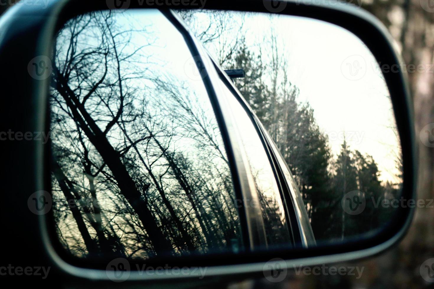 vista dello specchio dell'auto su alberi primaverili spogli nel tramonto foto