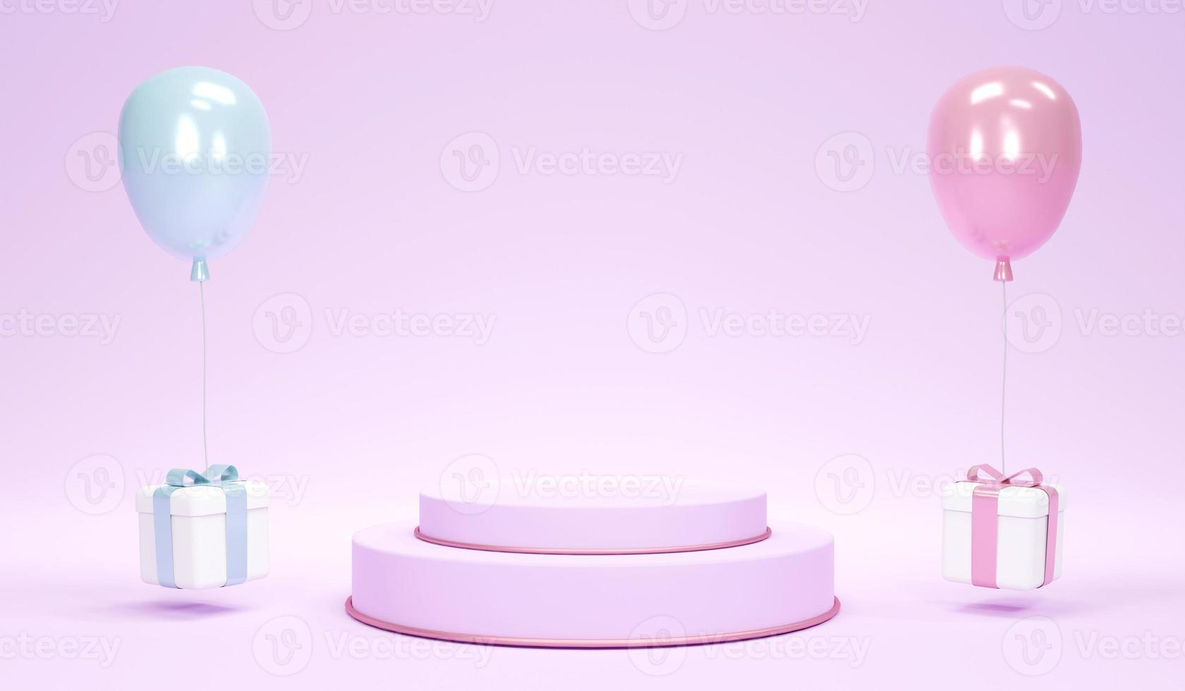 Concetto di rendering 3d di rivelazione di genere, baby shower, festa di compleanno. palloncini pastello blu e rosa e regalo con sfondo bianco podio. rendering 3d. illustrazione 3d. foto